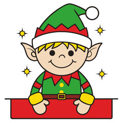 Cartoon of a smiling elf with a green hat, red top, twinkling stars around, and hands on a surface