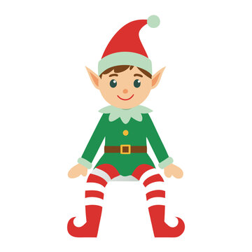 Illustration of a Christmas elf in green and red attire sitting down