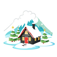 Illustration of a cozy winter cabin surrounded by snowy trees and mountains