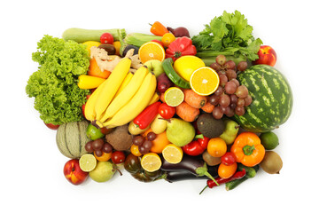 Many different fruits and vegetables isolated on white, top view