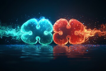 Obraz premium Neurocognitive interaction Neuroethics Neon lit fluid brains merging representing the dynamic energy and constant evolution of human thought and innovation