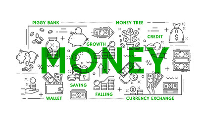 Money and finance line icons of cash, banking and payment, vector pictograms. Dollar money cash banknotes and coins icons, currency exchange and economic crisis with piggy bank and money tree