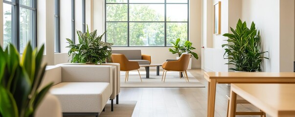 Bright co-working space with natural elements, ergonomic furniture, and ample natural light, fostering productivity