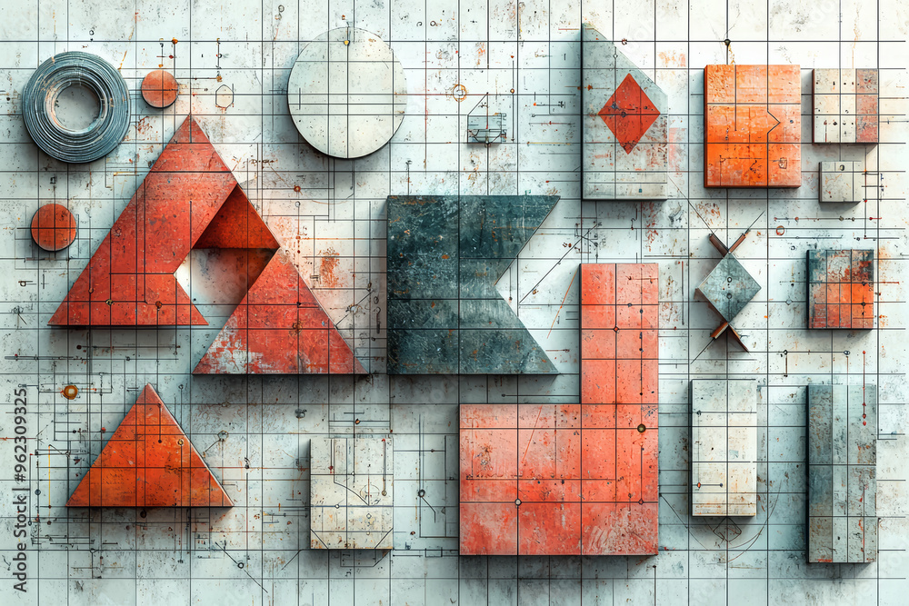 Poster a set of coordinate planes with intersecting lines forming various geometric angles and shapes, illu