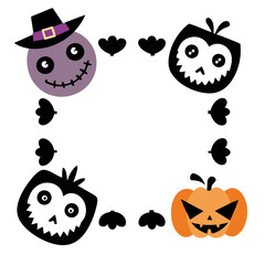 Halloween-themed cartoon faces with two owls, a pumpkin, and a character wearing a hat, surrounded by hearts and bats