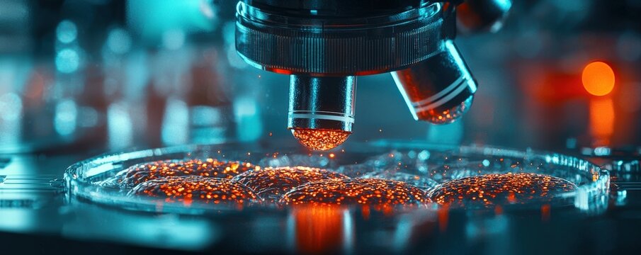 Close-up of bioengineered plant cells under a microscope, futuristic biotechnology research Photo realistic