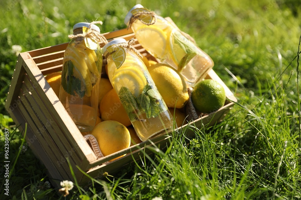 Canvas Prints Refreshing lemonade with mint and fresh fruits in wooden crate on green grass outdoors