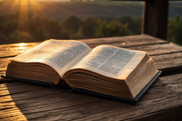 Obraz premium an open book sitting on top of a wooden table