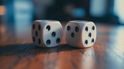 Two classic dice resting on a wooden table, showcasing their unique patterns and numbers during a casual game evening at home