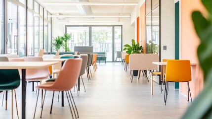Fototapeta premium Bright, spacious co-working hub with flexible seating, breakout areas, and high-tech tools for creative work