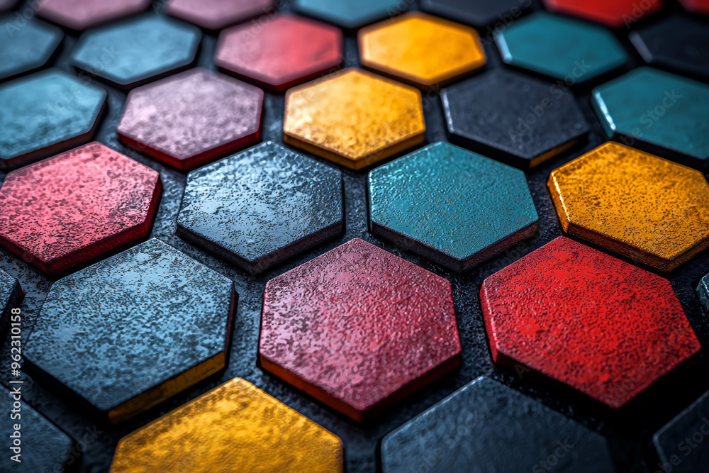 Aufkleber A hexagonal tiling pattern with varying colors, highlighting the tiling ability of hexagons to cover a plane without gaps. Concept of hexagonal tiling and tessellation.