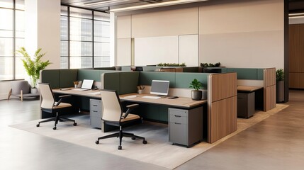 Collaborative work environment with open desks, private booths, and meeting rooms, supporting both focus and interaction