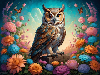 an owl sitting on top of a bed of flowers