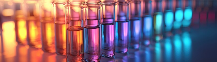 Biotechnology lab featuring multi-colored glowing liquids in test tubes, representing advanced gene therapy research Photo realistic