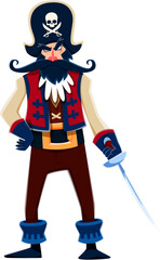 Cartoon pirate boatswain character with sword. Vector corsair standing confidently with a menacing look. Sea rover in classic attire and cocked hat with crossed swords and skull emblem and drawn saber