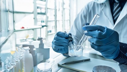 Chemists in a lab developing cosmetic products, testing and analyzing formulas for quality and effectiveness.