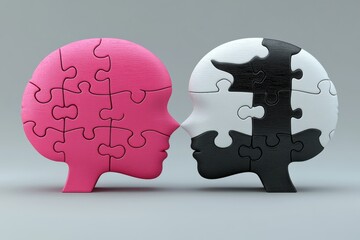 Nonverbal communication Cognitive neuroscience Black and pink puzzle heads illustrating the contrast between opposing ideas and the search for unity in thought