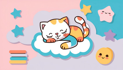 Little cartoon cat sleeping on a cloud, flat design illustration