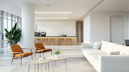 Fototapeta premium Co-working lounge with sleek furniture, a coffee bar, and open floor plans, encouraging informal discussions and networking