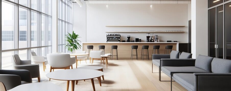 Co-working lounge with sleek furniture, a coffee bar, and open floor plans, encouraging informal discussions and networking