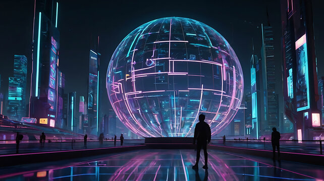 Futuristic Cyberpunk Scene Silhouetted Figure Awed by Colossal Technological Nexus with Glowing Neon Circuitry, Holographic Globe, and Expansive Digital Structures, Dramatic Lighting and Wonder