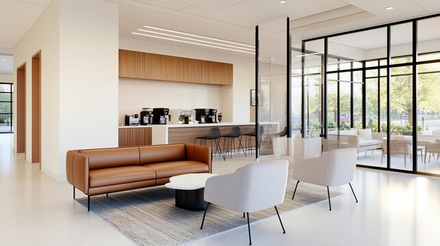 Co-working lounge with sleek furniture, a coffee bar, and open floor plans, encouraging informal discussions and networking