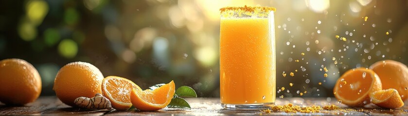 Freshly squeezed orange juice with a sprinkle of turmeric, brain-boosting drink, vibrant and healthy. Photo realistic
