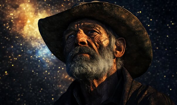 Elderly Man in Cowboy Hat Gazing at the Starry Night