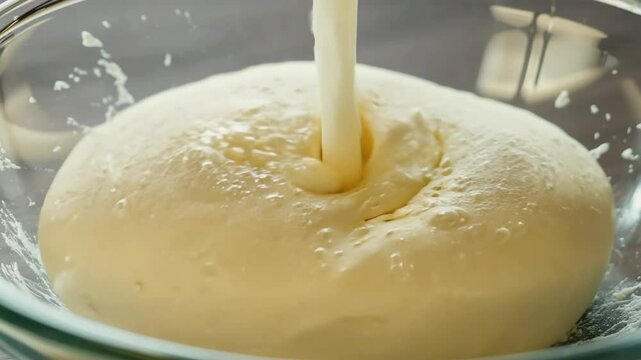 Thick batter being mixed in a glass bowl while preparing for delicious baked treats in a cozy kitchen setting