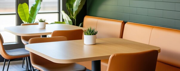 Co-working space with a variety of seating arrangements, from communal tables to private booths, enhancing flexibility