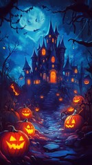 Halloween night background with creepy castle and pumpkins, illustration
