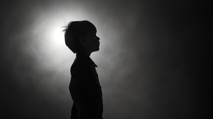 A side profile of a child in silhouette, highlighted by soft backlighting that creates a serene and introspective mood. The gentle light around the child's head suggests contemplation, while the dark