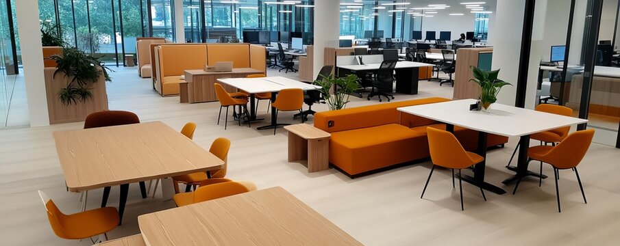 Co-working space with a variety of seating arrangements, from communal tables to private booths, enhancing flexibility