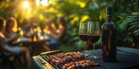 Wine, Wine Glasses, and Grilled Food on a BBQ Grill