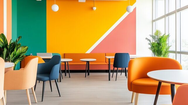 Creative co-working hub with colorful decor, brainstorming zones, and collaborative workspaces, inspiring innovation