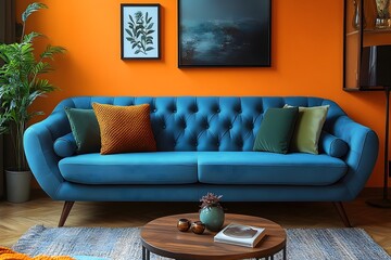 Blue sofa and round wooden coffee table against orange plaster wall with posters and green plants in the corner. Colourful, playful interior design of a modern living room in pop art style.