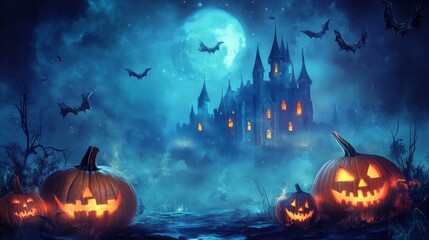Fototapeta premium Halloween night background with creepy castle and pumpkins, illustration