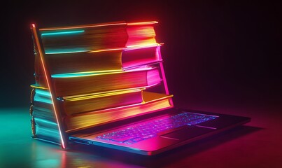 Stack of Books Leaning Against Neon Laptop