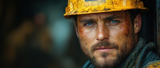 Close-up Portrait of a Dirty Construction Worker with Blue Eyes