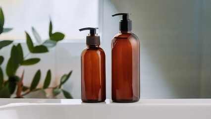 Amber Shampoo and Conditioner Bottles Sitting on the Edge of a Bathtub with a Window and Plant in the Background
