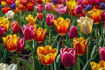 Obraz premium a colourful field of tulips in full bloom, with vivid hues
