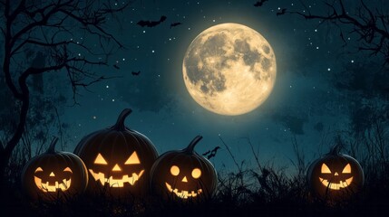Fototapeta premium Halloween night background with full Moon and pumpkins, illustration