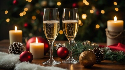 Champagne glasses, candles, and festive decor exude warmth in a holiday setting.