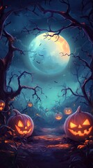 Fototapeta premium Halloween night background with full Moon and pumpkins, illustration