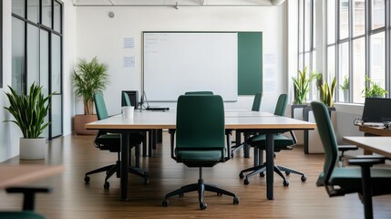 Open co-working space with natural light, whiteboards, and ergonomic furniture, promoting a healthy and active work style