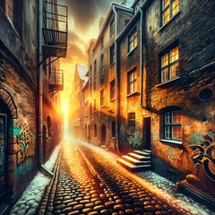 Fototapeta premium A narrow cobblestone street is flanked by old buildings adorned with graffiti, bathed in warm, golden sunlight. The vibrant colors contrast with the snow patches lining the pathway, (Gen, A.I.)
