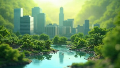 Obraz premium Stunning Panoramic View of a Lush Green River Valley with Skyscrapers