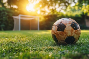 Fototapeta premium Old Soccer Ball on Grass Field at Sunset