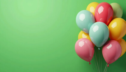 Balões coloridos. Feliz aniversário. Balões coloridos com purpurina. Festa de aniversário. Comemorar aniversário. Bexigas coloridas. Balões coloridos fundo verde