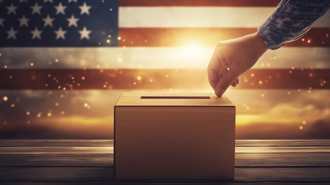 Hand placing a vote into a wooden ballot box with an American flag in the background
